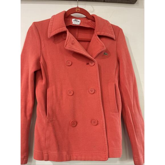 Womens Lacoste Pea Coat Jacket Cotton Salmon Small Sz 36 Double Breasted Pockets - Picture 1 of 7